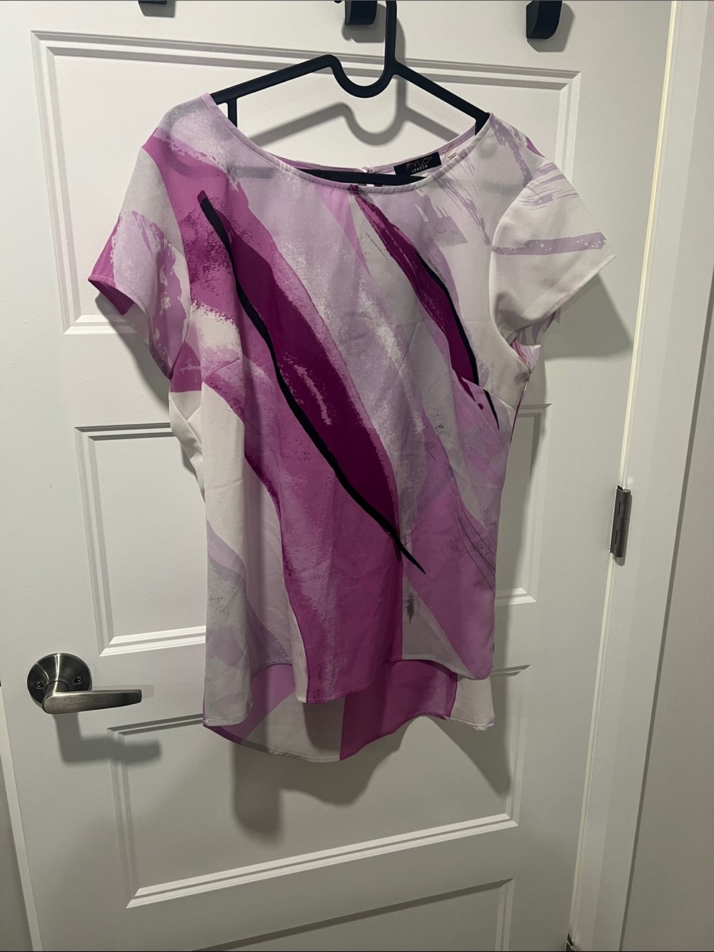 FYLO Pink & White Abstract Short-Sleeve Blouse